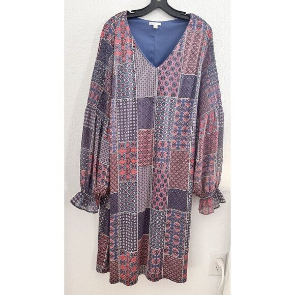 Cato Blue & Red Patchwork Balloon Sleeve‎ Lined Dress Womens Size 22/24W Boho - Picture 1 of 11
